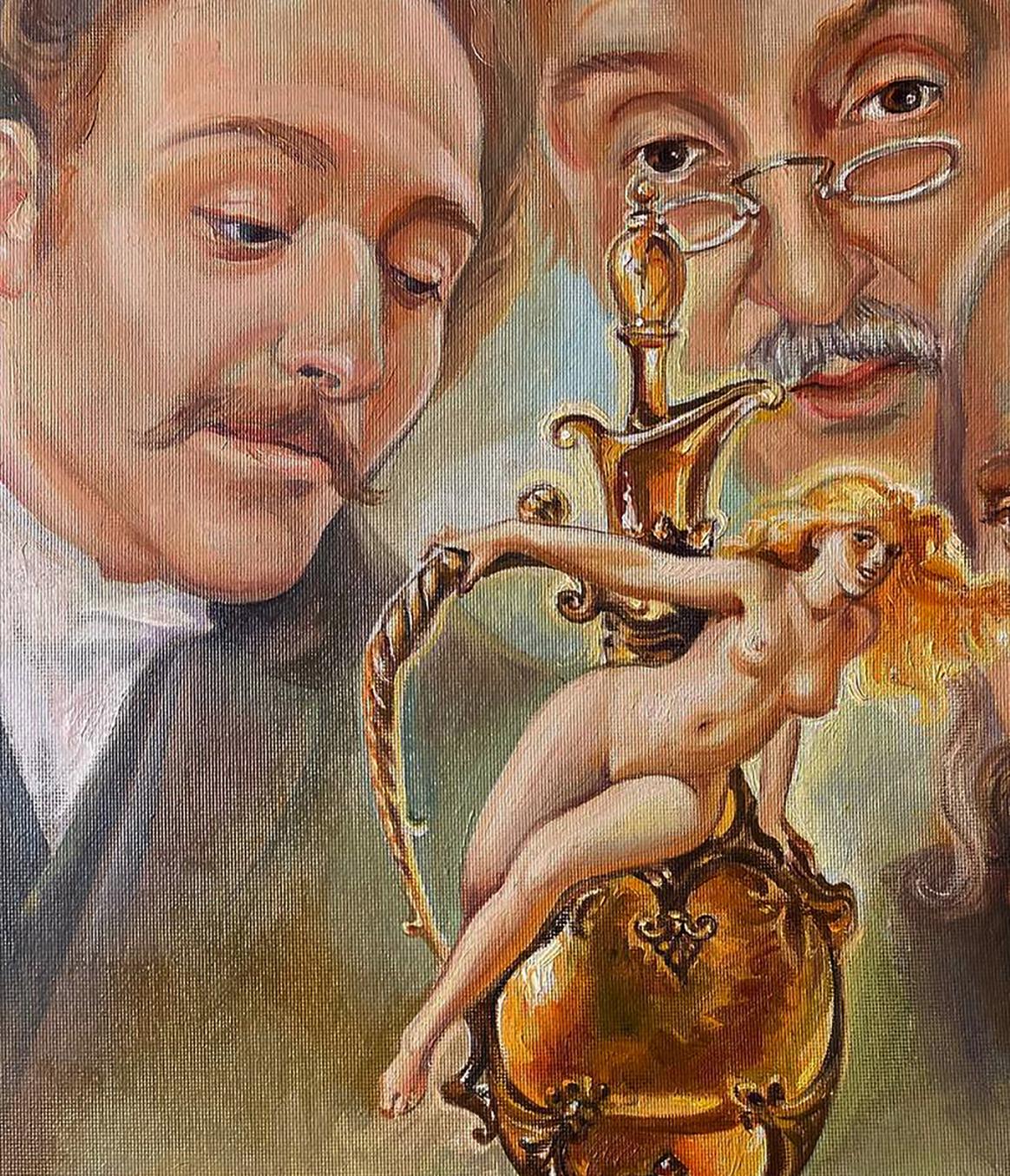 Golden ornate decanter with nude figure in Natalia Bulat oil painting