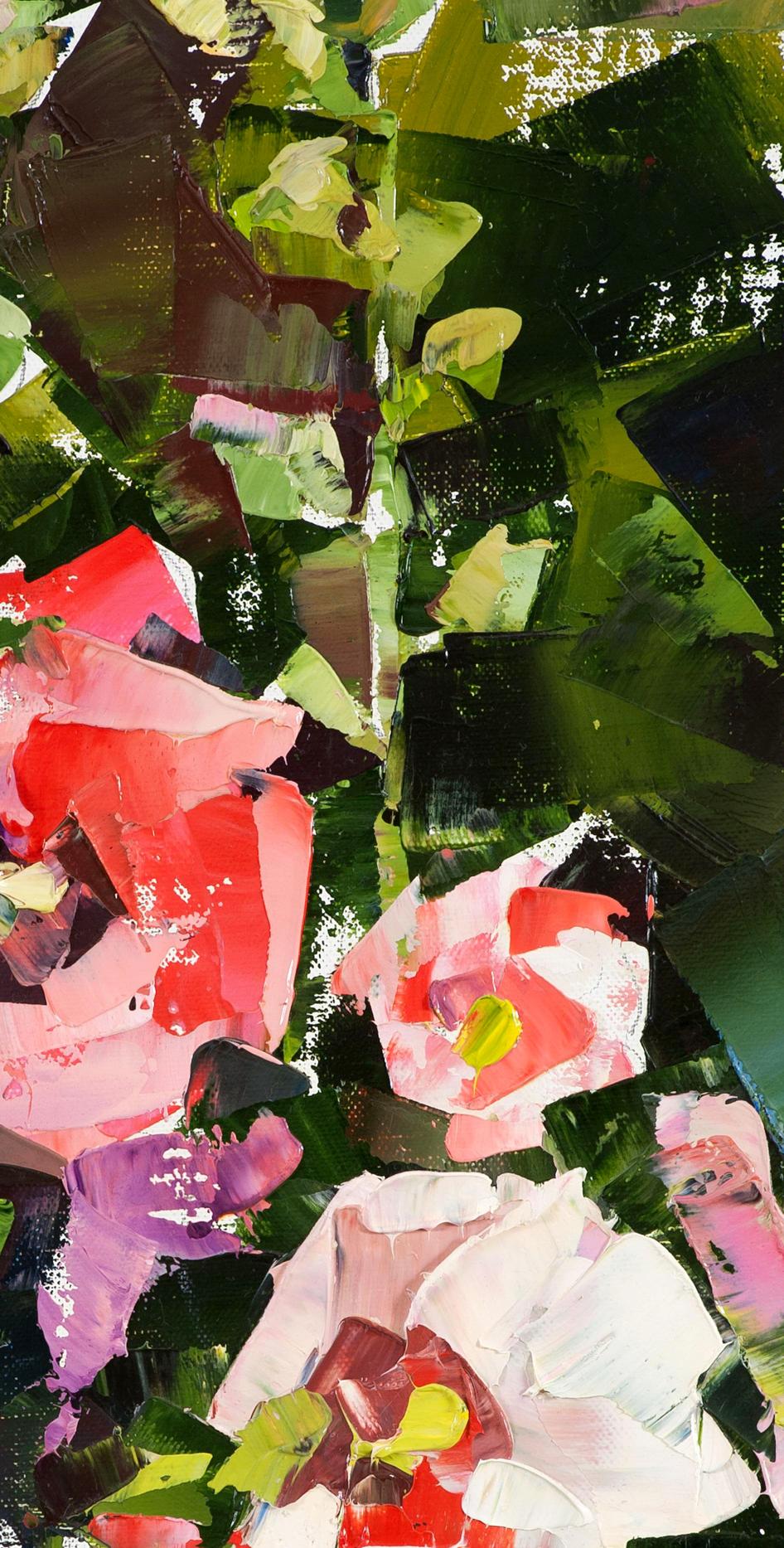 Oil painting Red flowers Volodymyr Gluhomanyuk with pink red roses and green foliage
