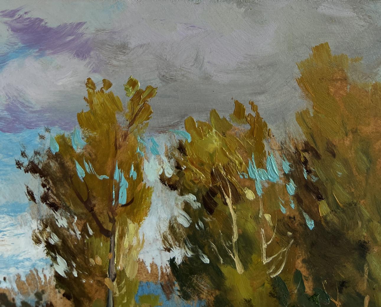 Oil painting Rain is coming by Yuriy Suprunchuk: autumn trees in golden foliage