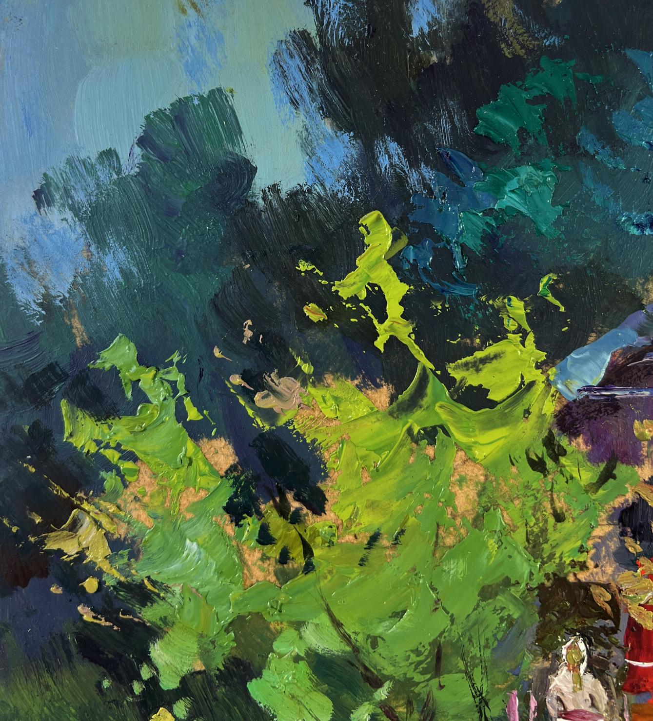 Vibrant oil painting of lonely house on green hill by Yuriy Suprunchuk