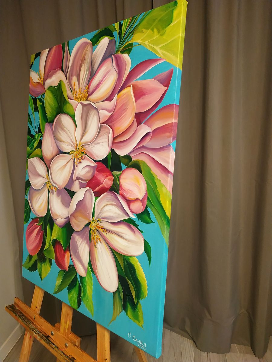 Oil painting Delicate spring flowers by Oksana Sklym on easel