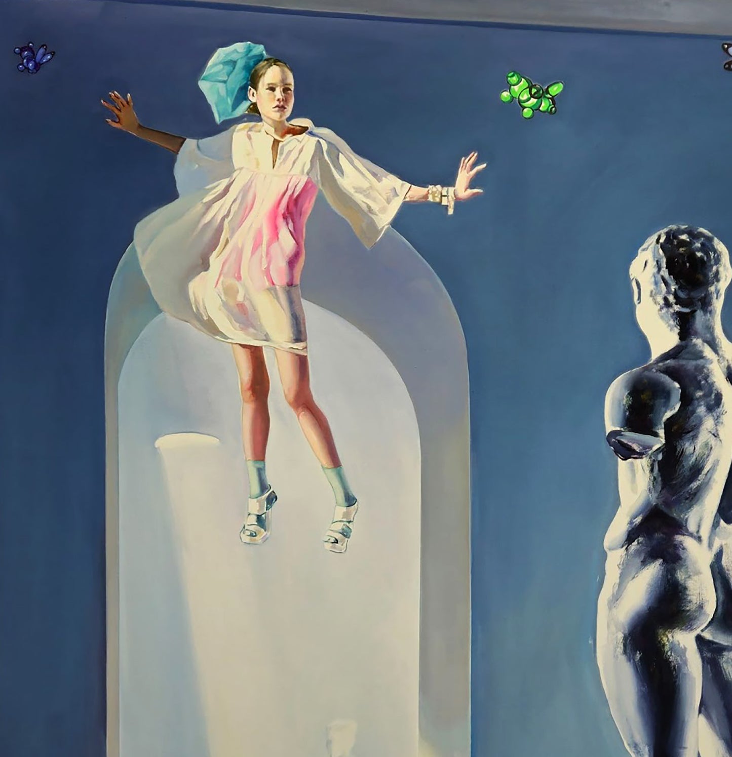 Oil painting Flight of Meletus by Igor Konovalov: girl floating in dress