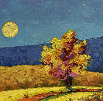 Vibrant oil painting of two autumn trees in field by V. Zadorozhnya