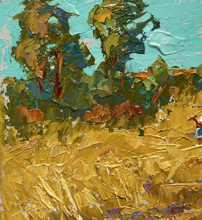 Oil painting Sunny day in the field by Oleksiy Ivanyuk, golden-yellow and green strokes on turquoise sky