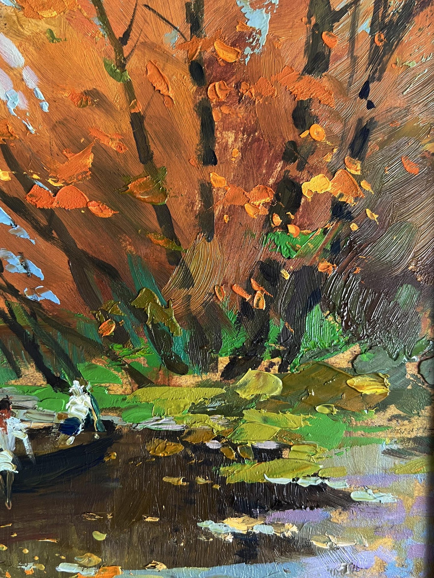 Vibrant impressionist oil painting On the autumn river by Yuriy Suprunchuk