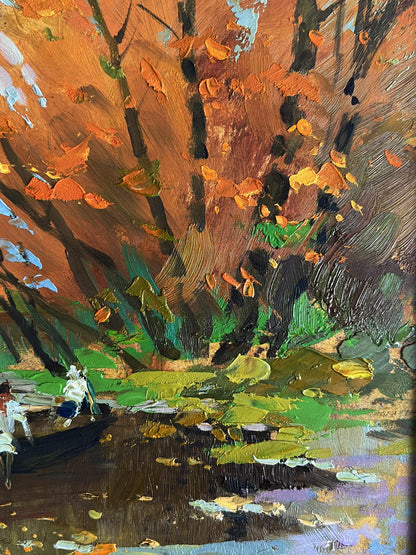 Vibrant impressionist oil painting On the autumn river by Yuriy Suprunchuk