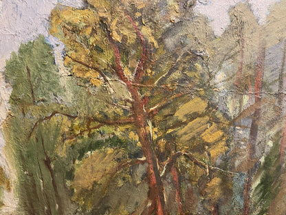 Oil painting of summer forest tree with reddish-brown bark and golden foliage