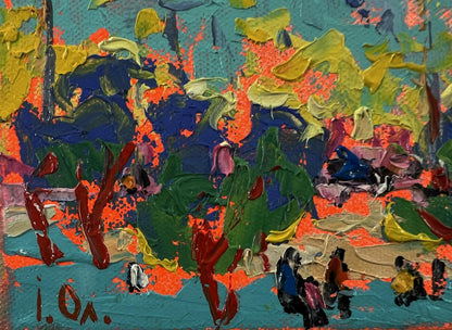 Vibrant Oleksiy Ivanyuk oil painting City in the rays of sunset with impasto strokes