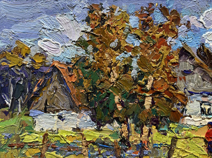 Oil painting Sunny courtyard by Oksana Ivanyuk, vibrant autumn village scene