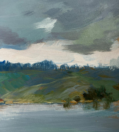 Oil painting of river near village by Yuriy Suprunchuk serene landscape
