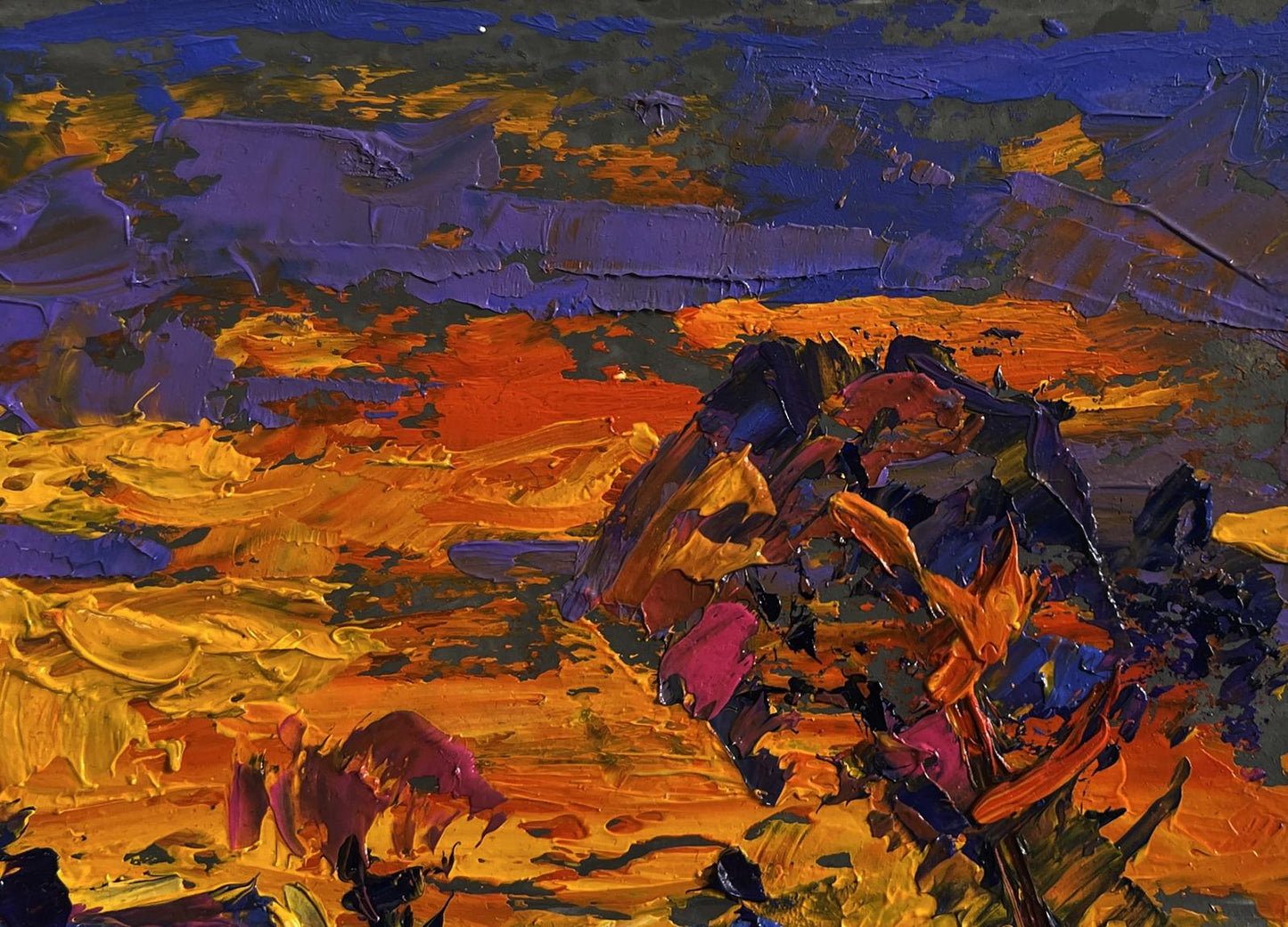 Vibrant Oleksiy Ivanyuk oil painting A blazing evening in the village with impasto strokes