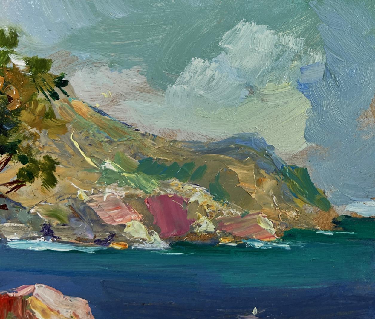 Vibrant impressionist oil painting by Yuriy Suprunchuk of swaying leaves in coastal wind