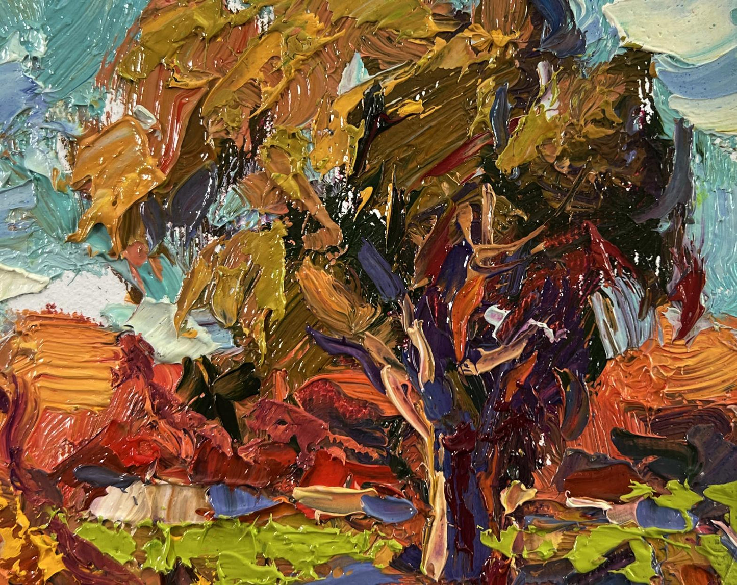 Oil painting Autumn evening by Oksana Ivanyuk, vibrant autumn tree in impasto