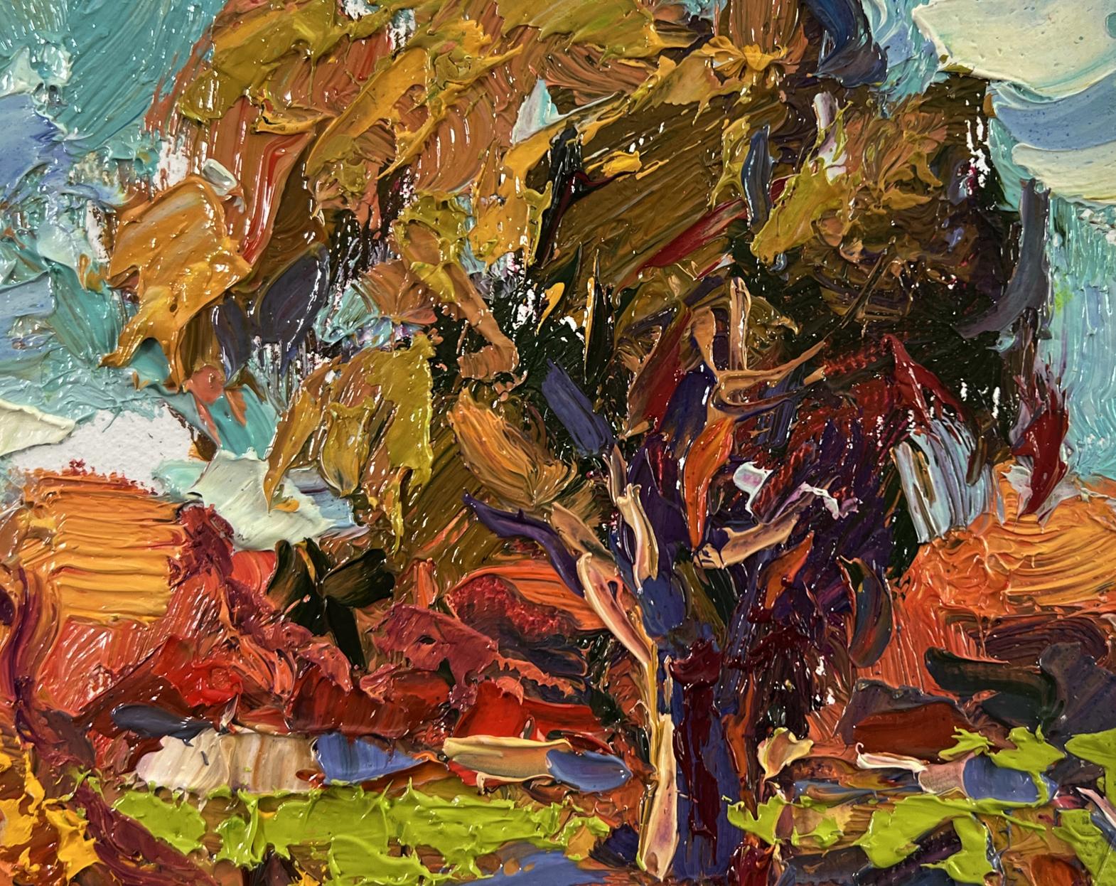 Oil painting Autumn evening by Oksana Ivanyuk, vibrant autumn tree in impasto
