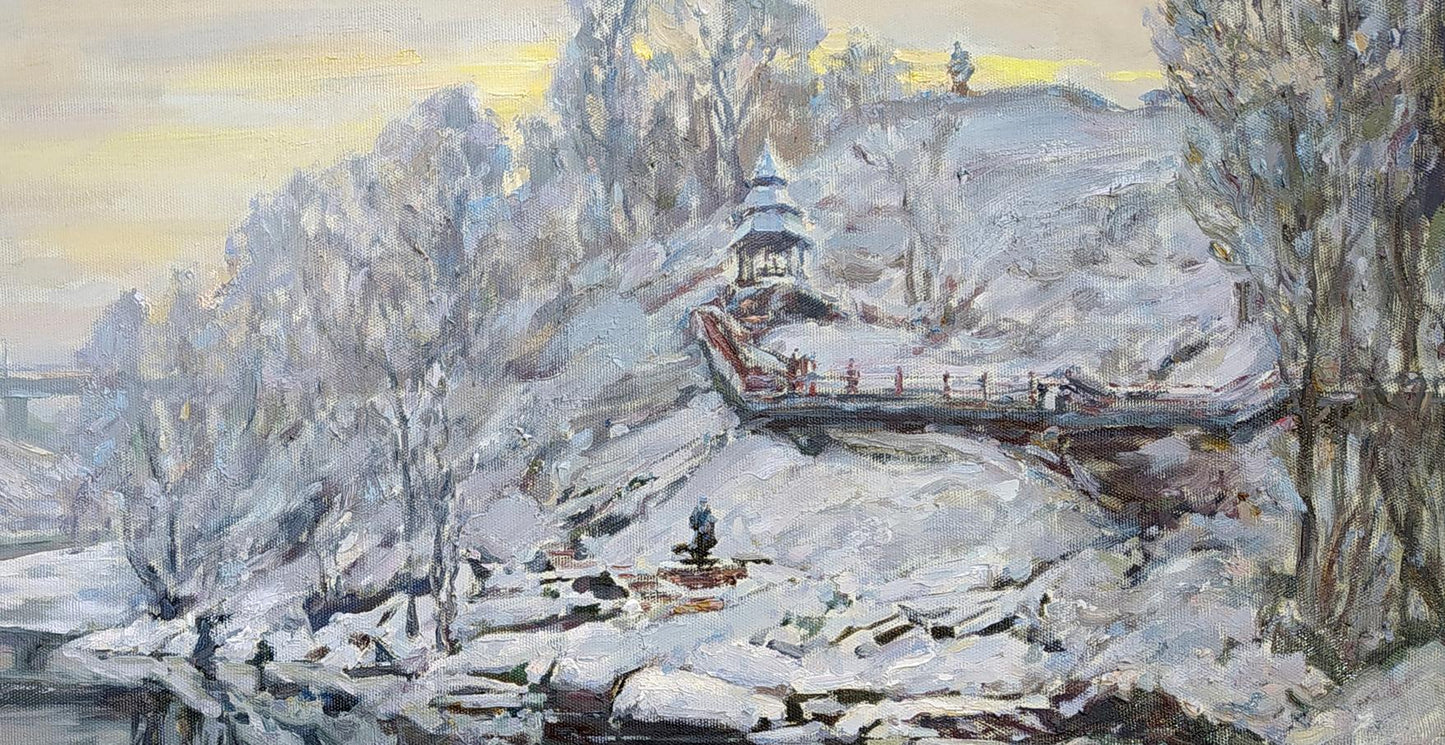 Oil painting Winter on the River by Leonid Pavlenko: snowy pagoda hill
