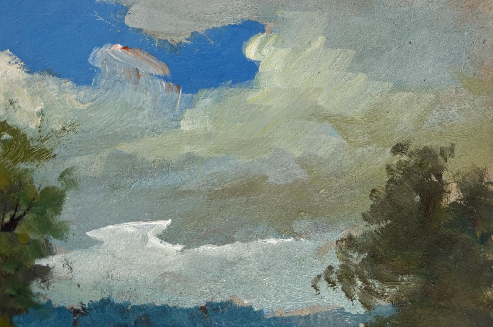 Textured oil painting of swirling sky over flower field, river by Yuriy Suprunchuk