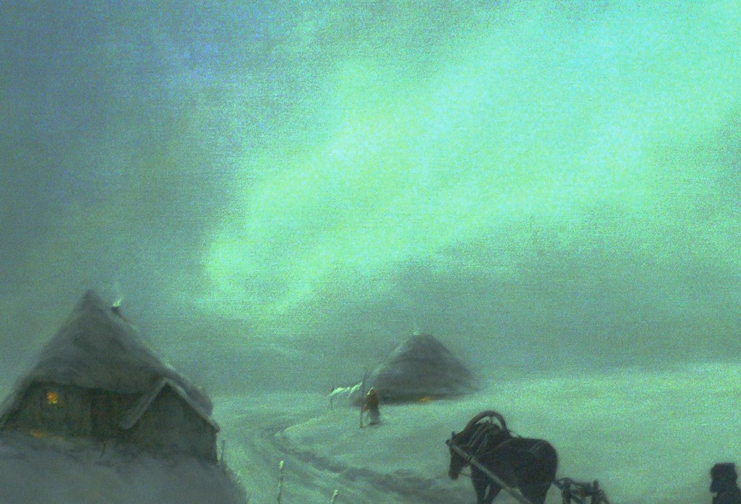 Oil painting of Vasily Korkishko road in winter snowstorm with horse-drawn sled