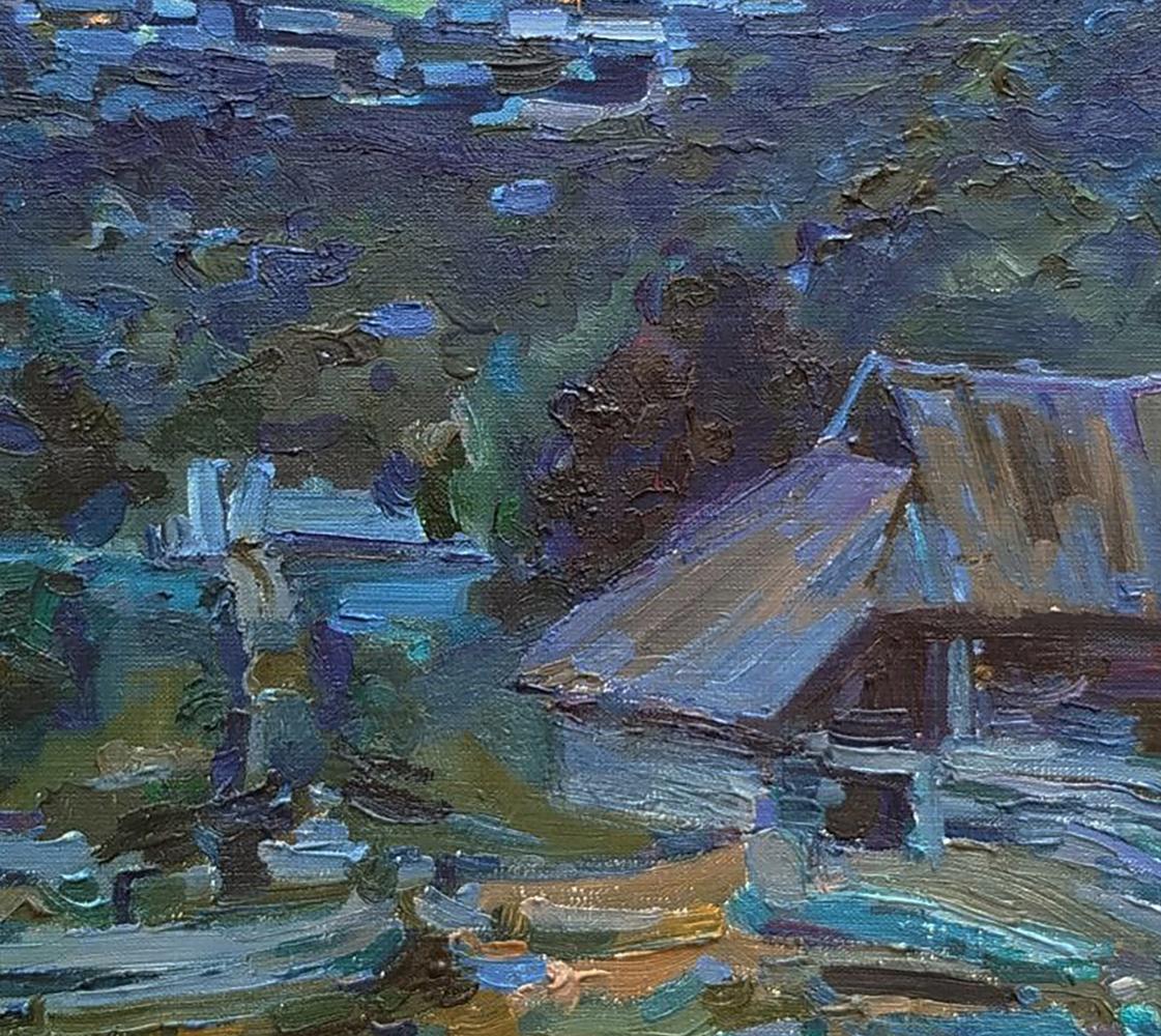 Oil painting Twilight in the Village by Leonid Pavlenko rustic house