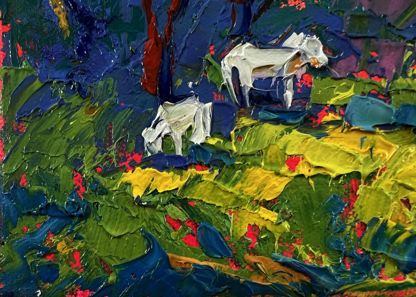 Vibrant impressionist oil painting of white horses in lush forest by Oleksiy Ivanyuk