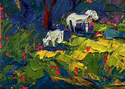 Vibrant impressionist oil painting of white horses in lush forest by Oleksiy Ivanyuk