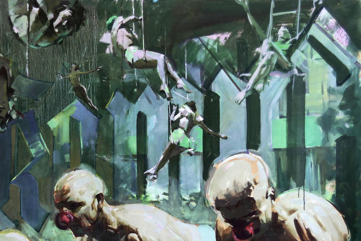 Oil painting Workout by Ed Potapenkov with dynamic figures on green blue shapes