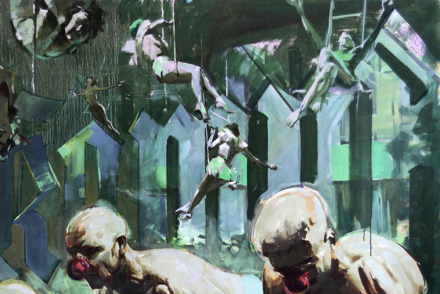 Oil painting Workout by Ed Potapenkov with dynamic figures on green blue shapes