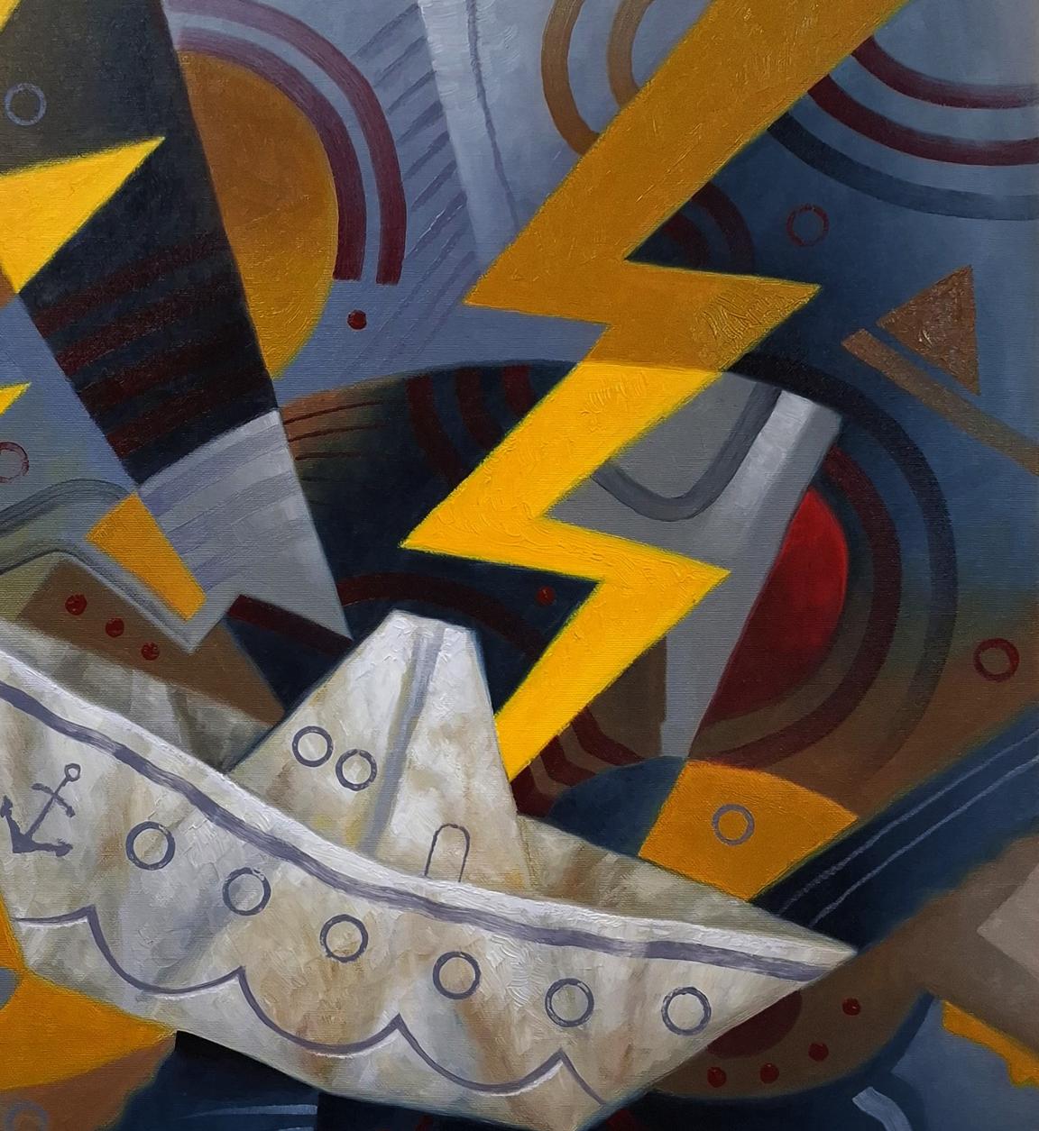 Oil painting by Sergiy Voichenko: white paper boat with black anchor in storm