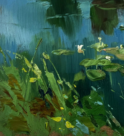 Impressionistic lily pads on blue pond by Yuriy Suprunchuk oil painting