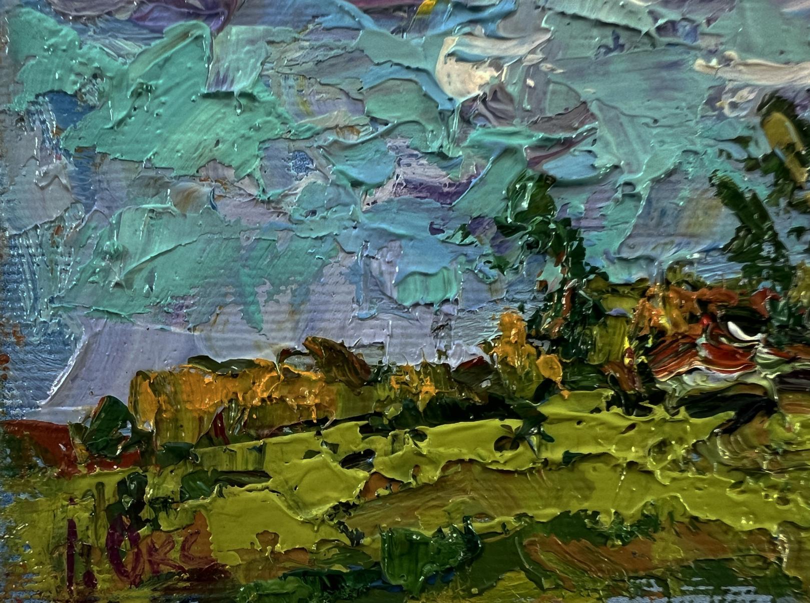 Oil painting Floating clouds by Oksana Ivanyuk with teal green landscape