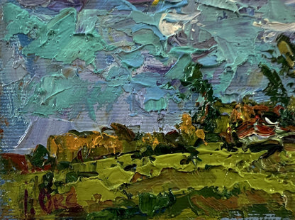 Oil painting Floating clouds by Oksana Ivanyuk with teal green landscape