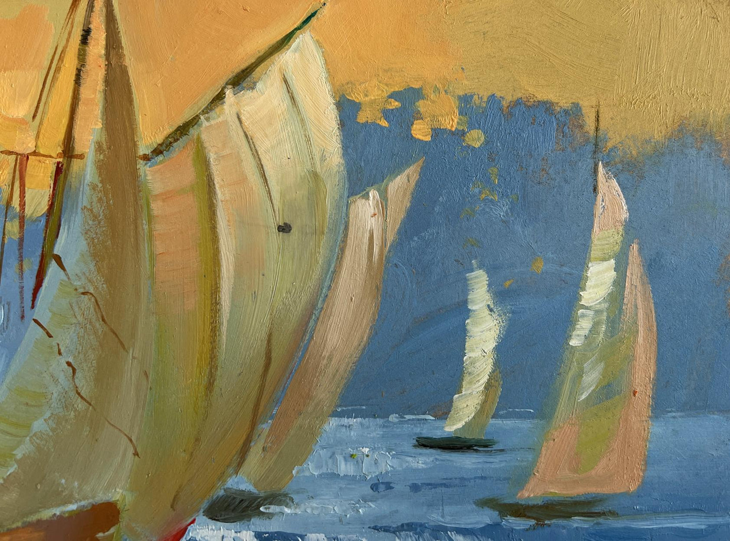 Vibrant impressionist oil painting of sailboats at sunset by Yuriy Suprunchuk