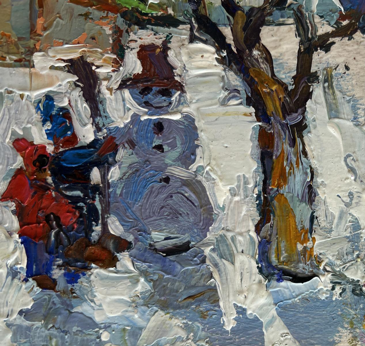 Oil painting of children making snowman with red hat by Oksana Ivanyuk