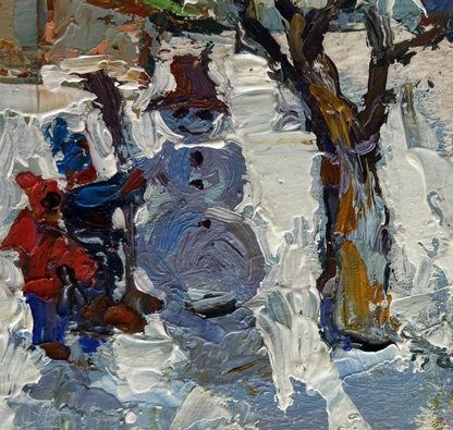 Oil painting of children making snowman with red hat by Oksana Ivanyuk