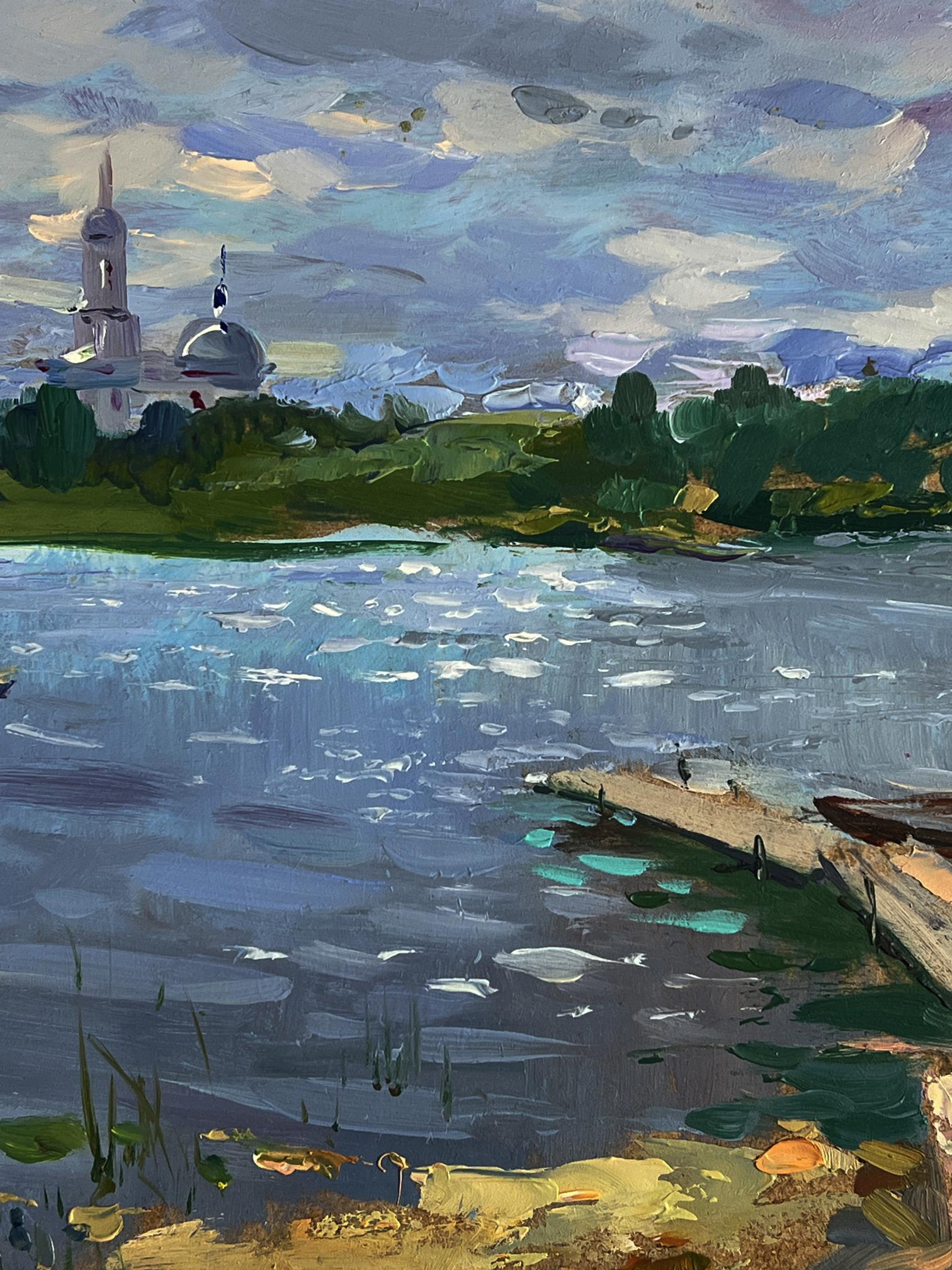 Serene impressionistic oil painting of white-domed church by Yuriy Suprunchuk