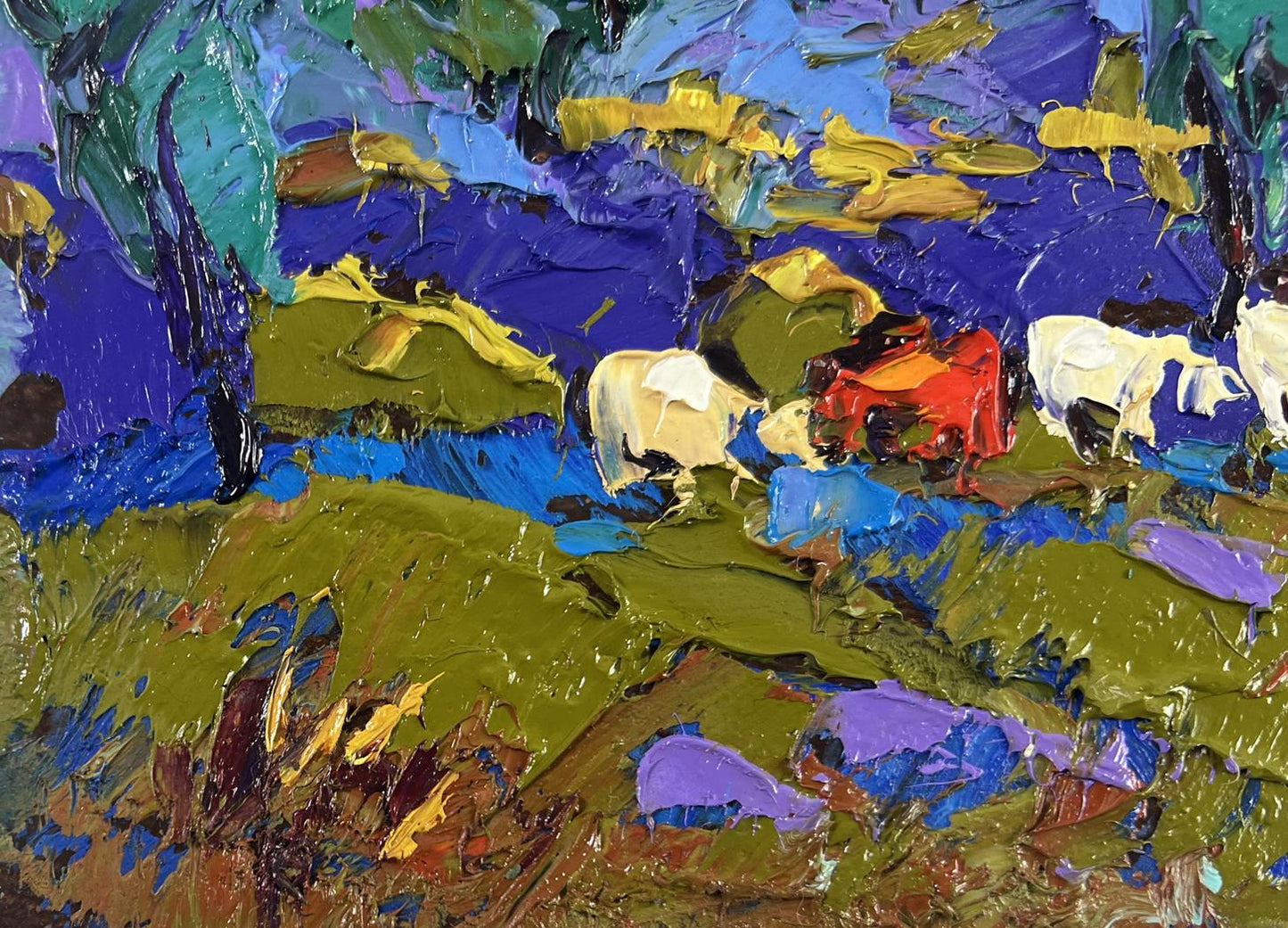 Vibrant impressionist oil painting Evening light behind the village by Oleksiy Ivanyuk