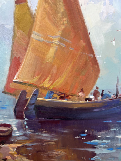 Oil painting of lonely boat in waves with vibrant orange sail by Yuriy Suprunchuk