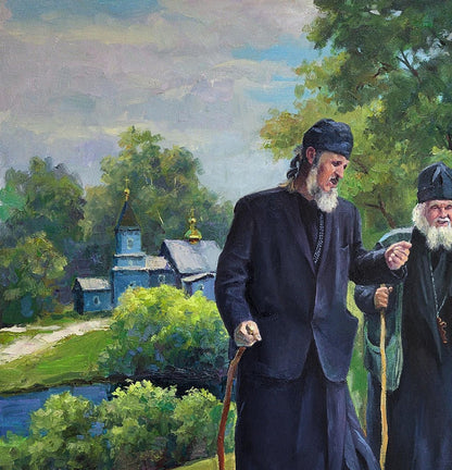 Oil painting by Boris Serdyuk of two elderly orthodox monks walking with canes