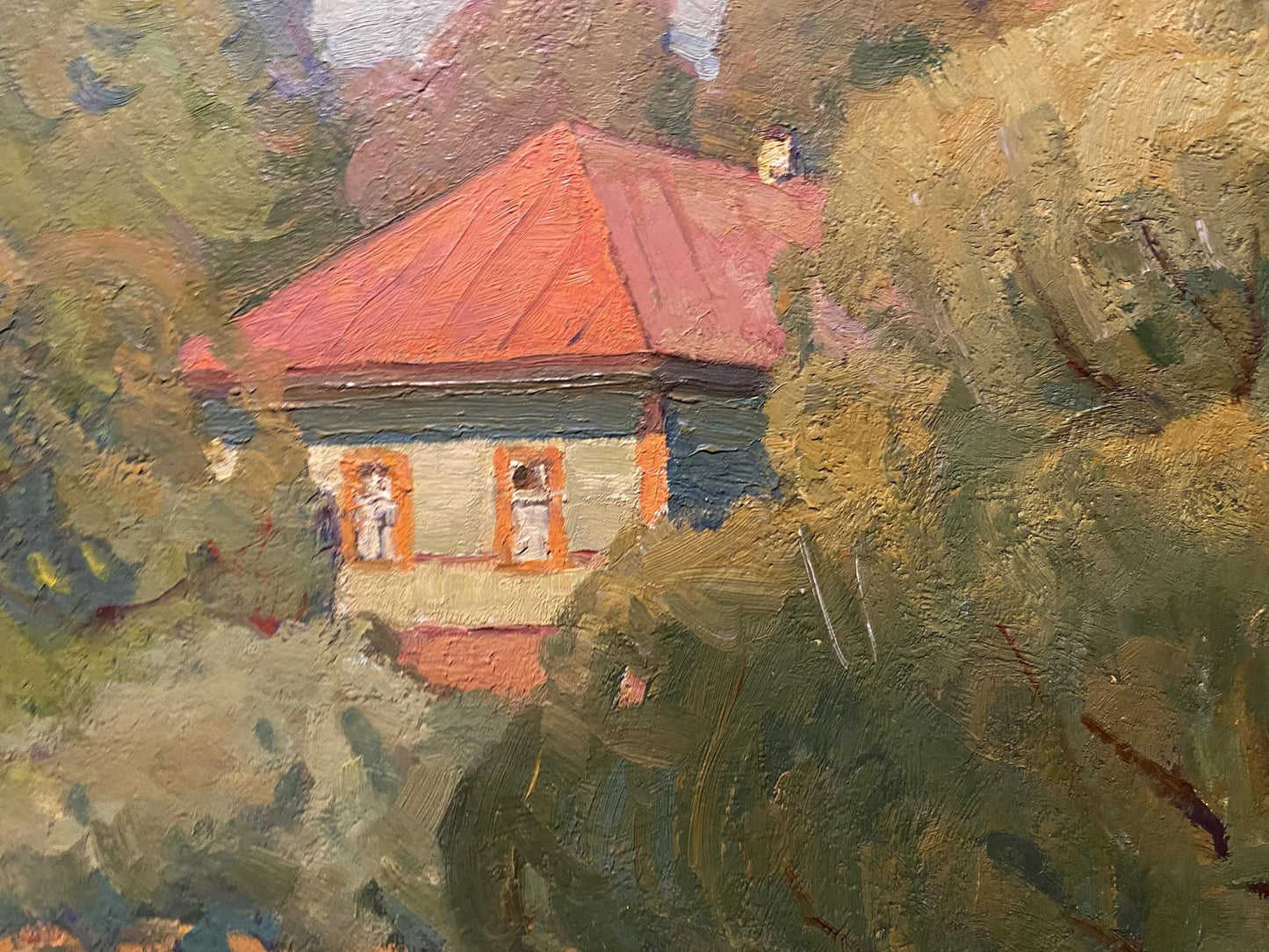 A rustic house with a vibrant red roof and light-colored walls, partially obscured by lush green foliage in an impressionistic oil painting.