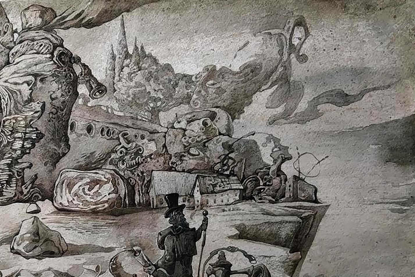 Detailed black-and-white ink drawing of Musics Caprice by Yuriy Laptev