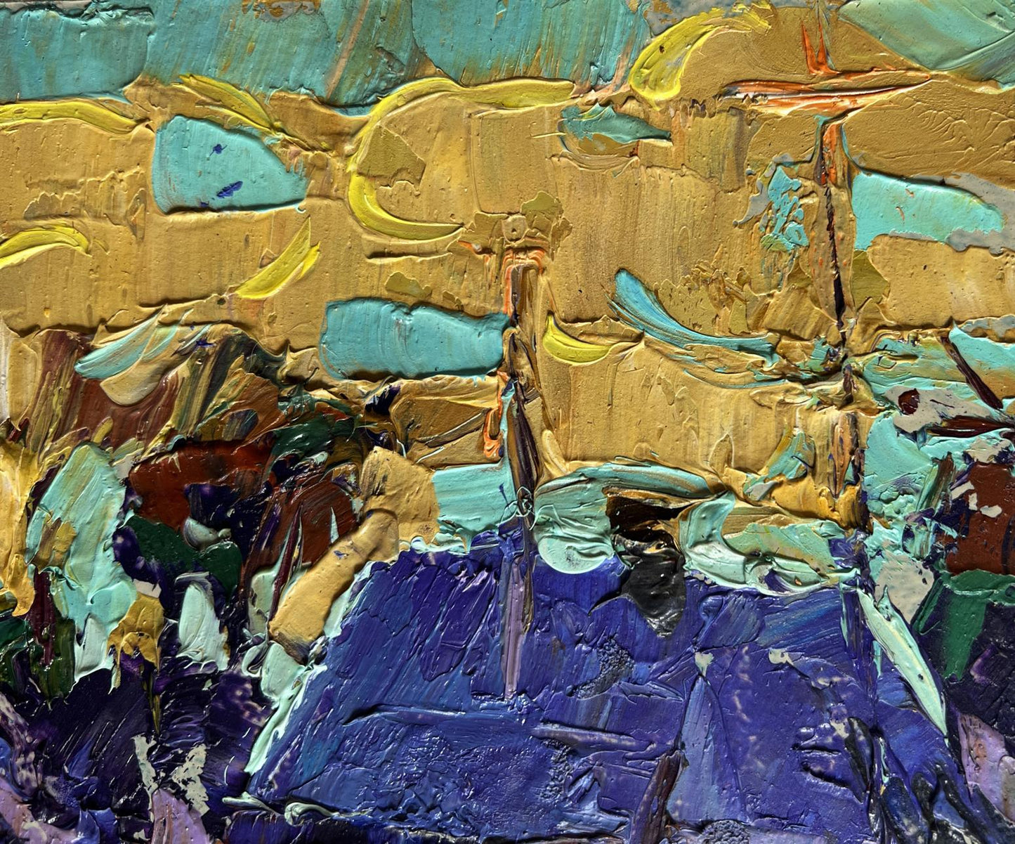 Oil painting Cold evening in the village by Oleksiy Ivanyuk in gold teal impasto