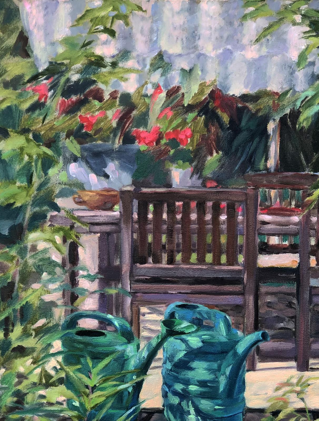 Oil painting Relaxing in the garden by Oksana Osnach: two teal-green watering cans on wood