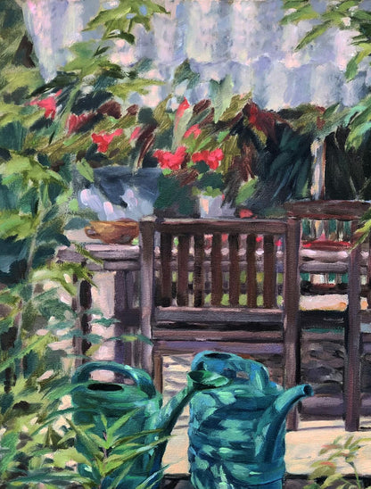 Oil painting Relaxing in the garden by Oksana Osnach: two teal-green watering cans on wood