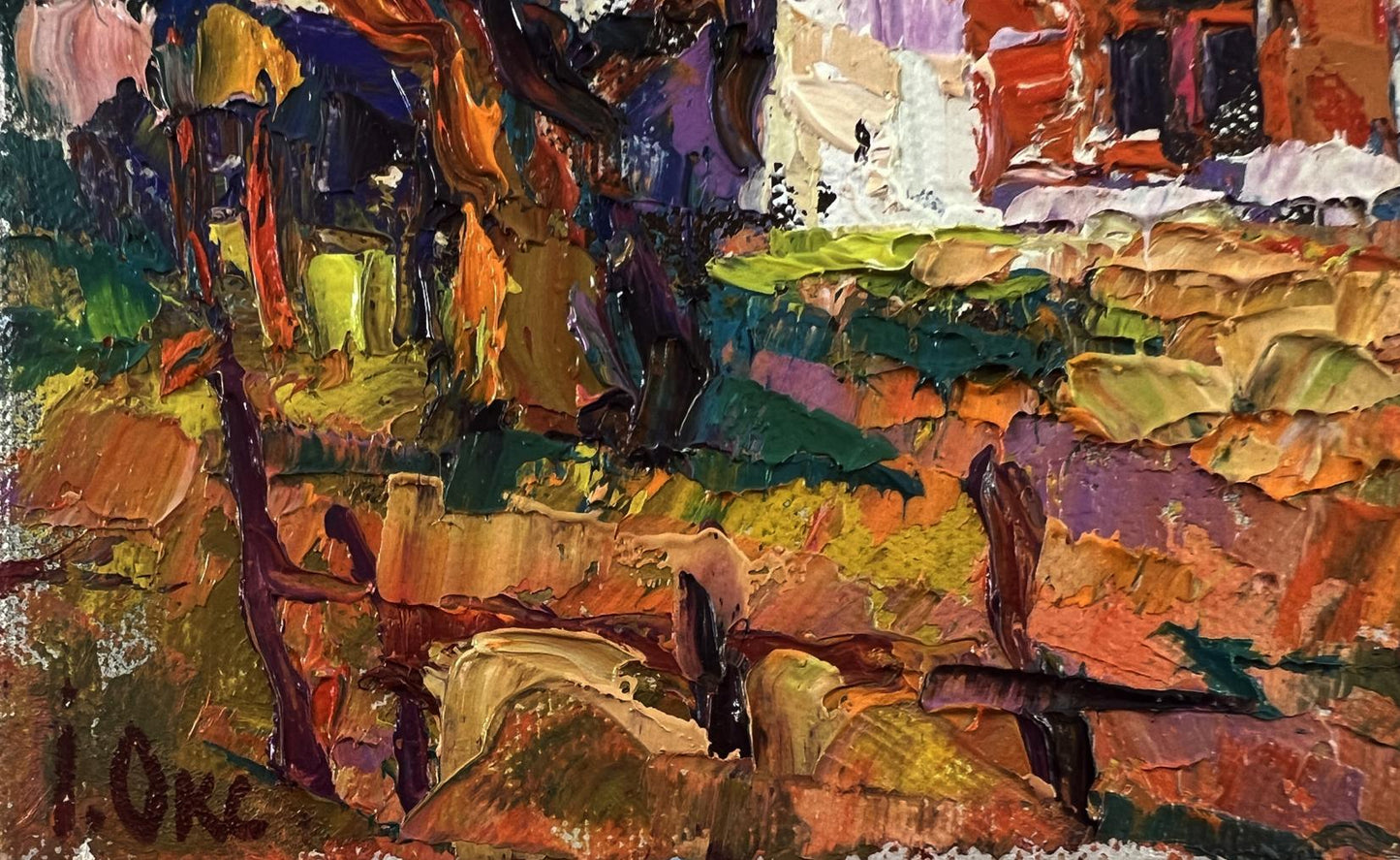 Vibrant impressionist oil painting Evening in the yard by Oksana Ivanyuk