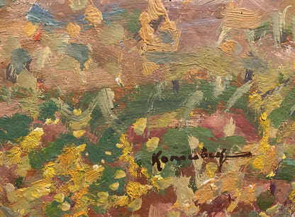 Abstract oil painting City in the distance by Georgy Kolosovsky in earthy tones