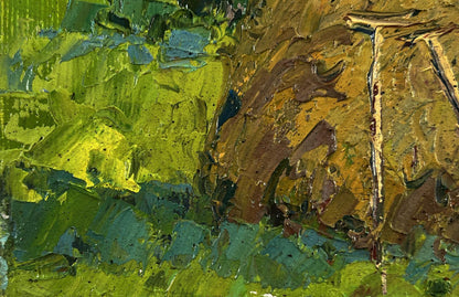 Vibrant impressionist oil painting of haystack near forest by Oksana Ivanyuk