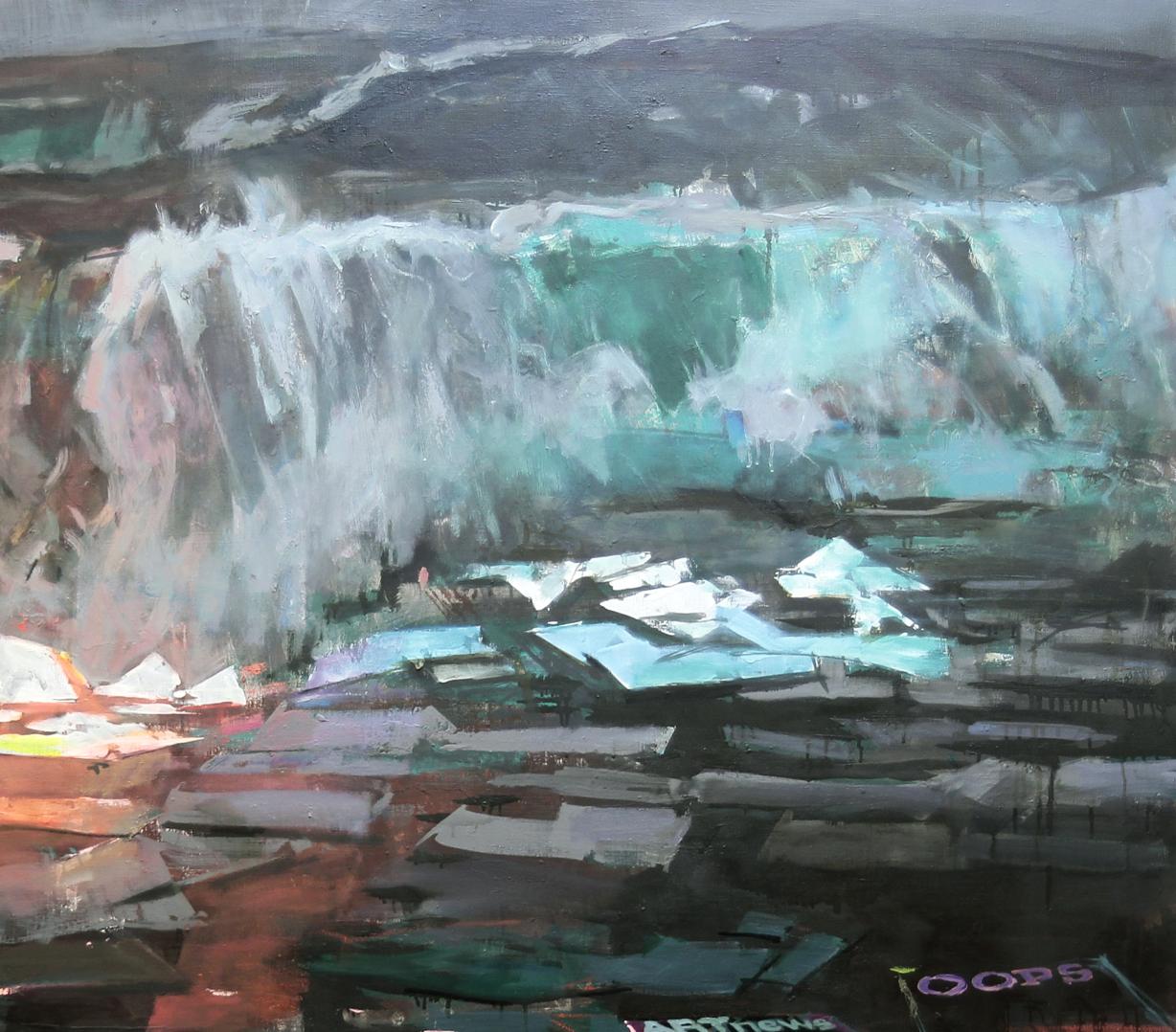 Oil painting Wave Ed Potapenkov: impressionistic turquoise waterfall on cliffs