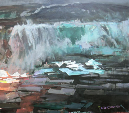 Oil painting Wave Ed Potapenkov: impressionistic turquoise waterfall on cliffs
