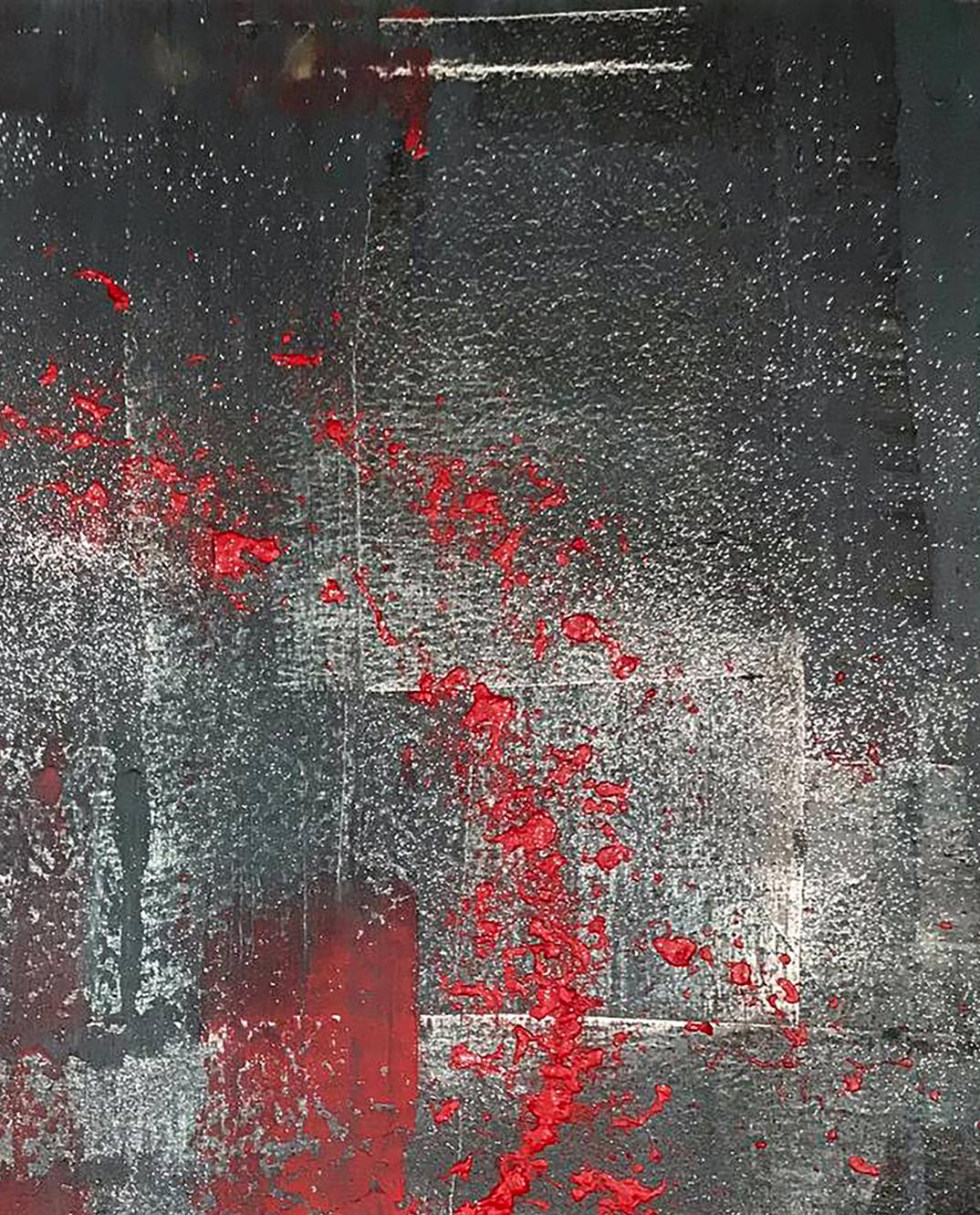 Night melody acrylic painting by Olga Melezhik, bold red splatters on dark textured background