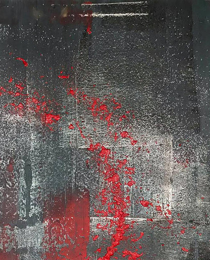 Night melody acrylic painting by Olga Melezhik, bold red splatters on dark textured background