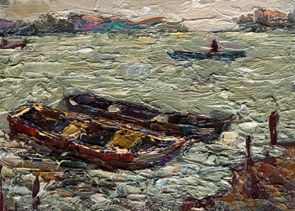Oil painting of weathered rowboats near pier by Oksana Ivanyuk